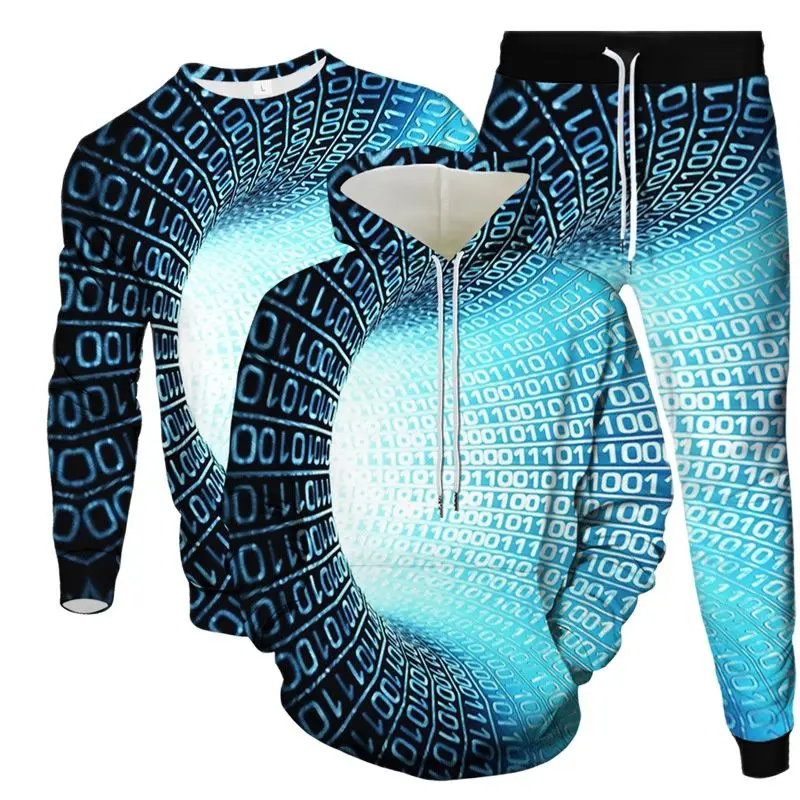 Colorful Whirlpool Chequered Vortex 0 1 Print Men Clothes Suit Hoodie Jogging Pant Sweatshirt 3Pcs Set Male Large Size Tracksuit