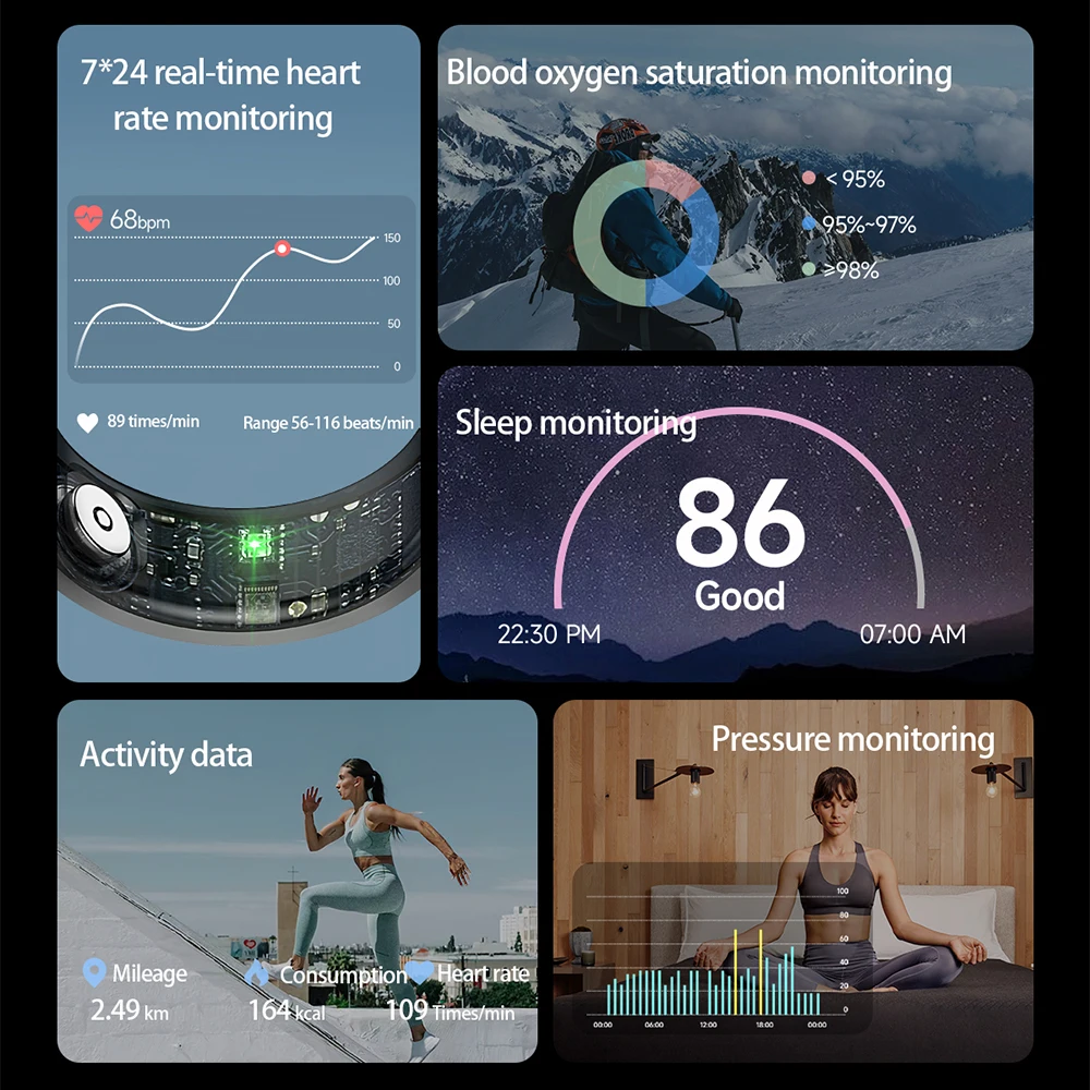 R9スマートリング,ステンレス鋼,防水,5気圧,心拍数,血中酸素,ギフトボックス付き
