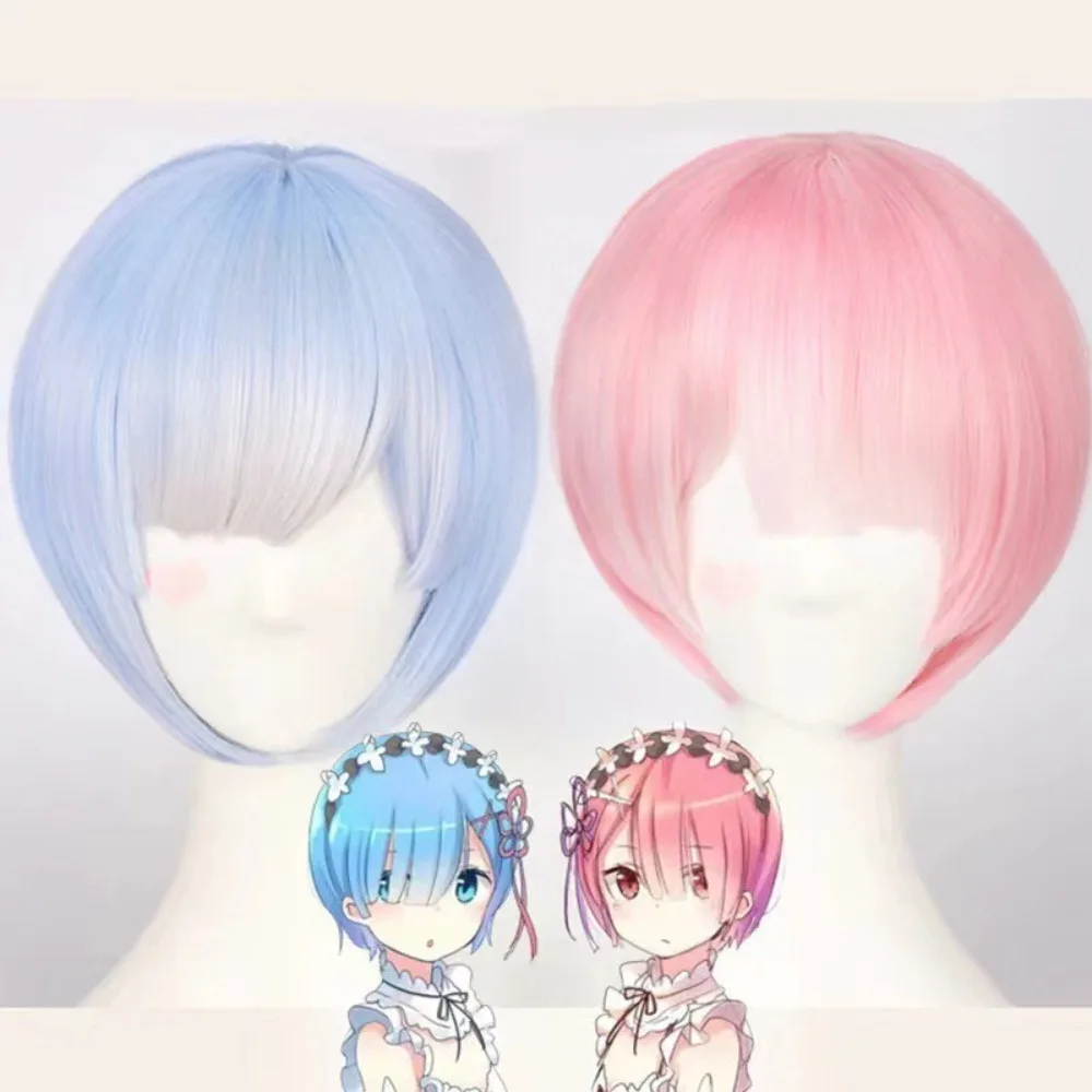 

Starting From Scratch in A Different World Colorful Gradient Cosplay Ram Rem Cosplay Cosplay Wig Bangs BOB Short Straight Hair