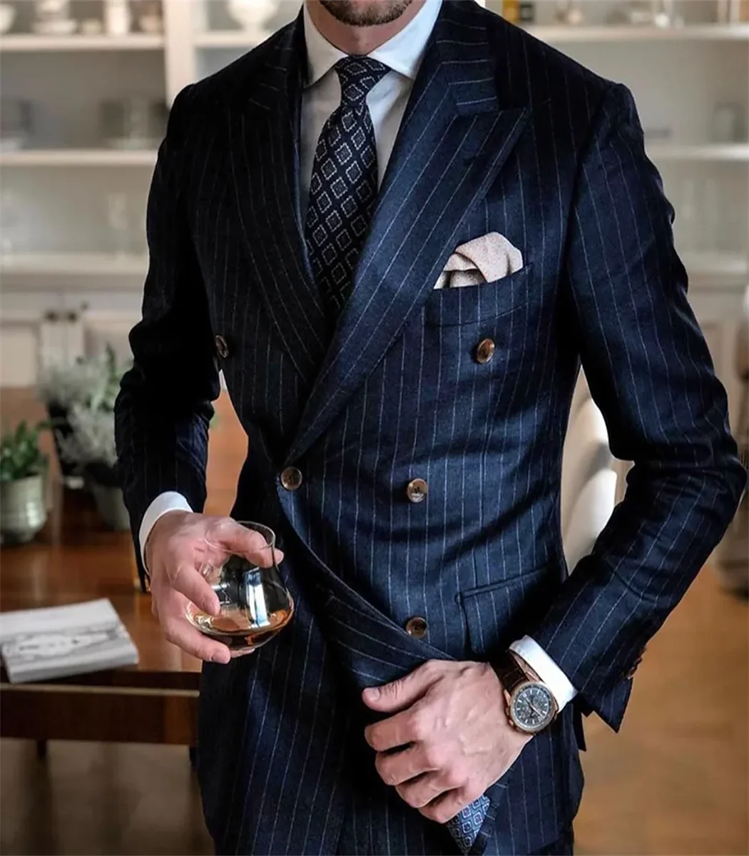 

2 Piece Chic Pinstripe Navy Blue Men Suits Set High Quality Formal Double Breasted Peak Lapel Suit Slim Fit Smart Casual Tuxedo
