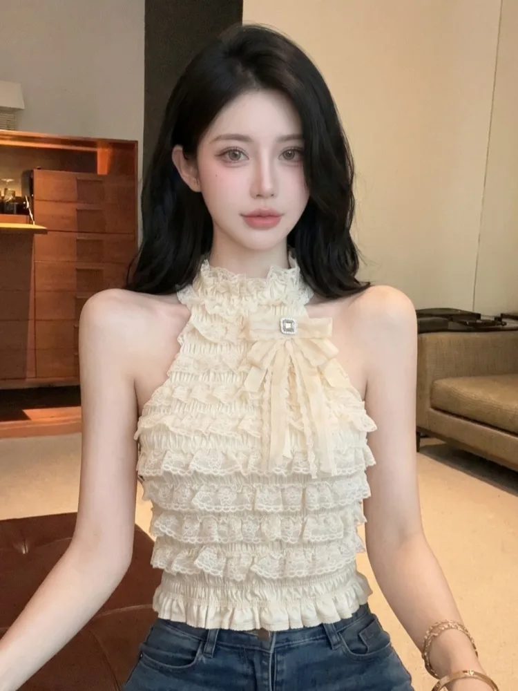 

Sweet Sexy Summer Diamond Embellished Off-Shoulder Knitted Vest Women's Slim Fit Short Lace Top City Walk Breathable Skin-Fri...