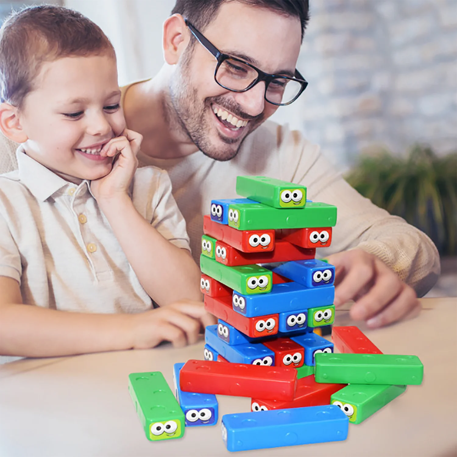 Juego de apilamiento de bloques de torre de madera, tablero de bloques de construcción de plástico de dibujos animados de colores, juego de juguete educativo, juego de apilamiento de torre de ladrillo