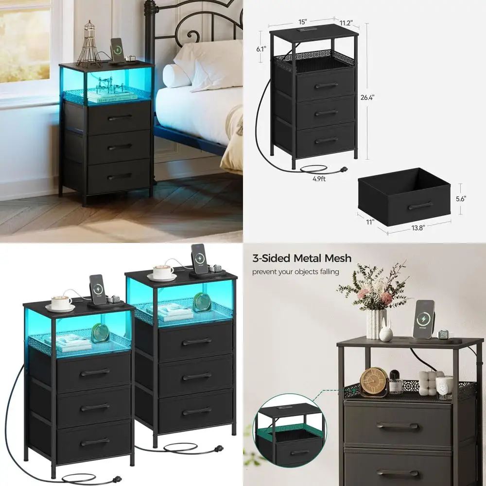 

Black 3-Drawer Nightstand Set with Charging Station, LED Lights, Outlets & USB Ports