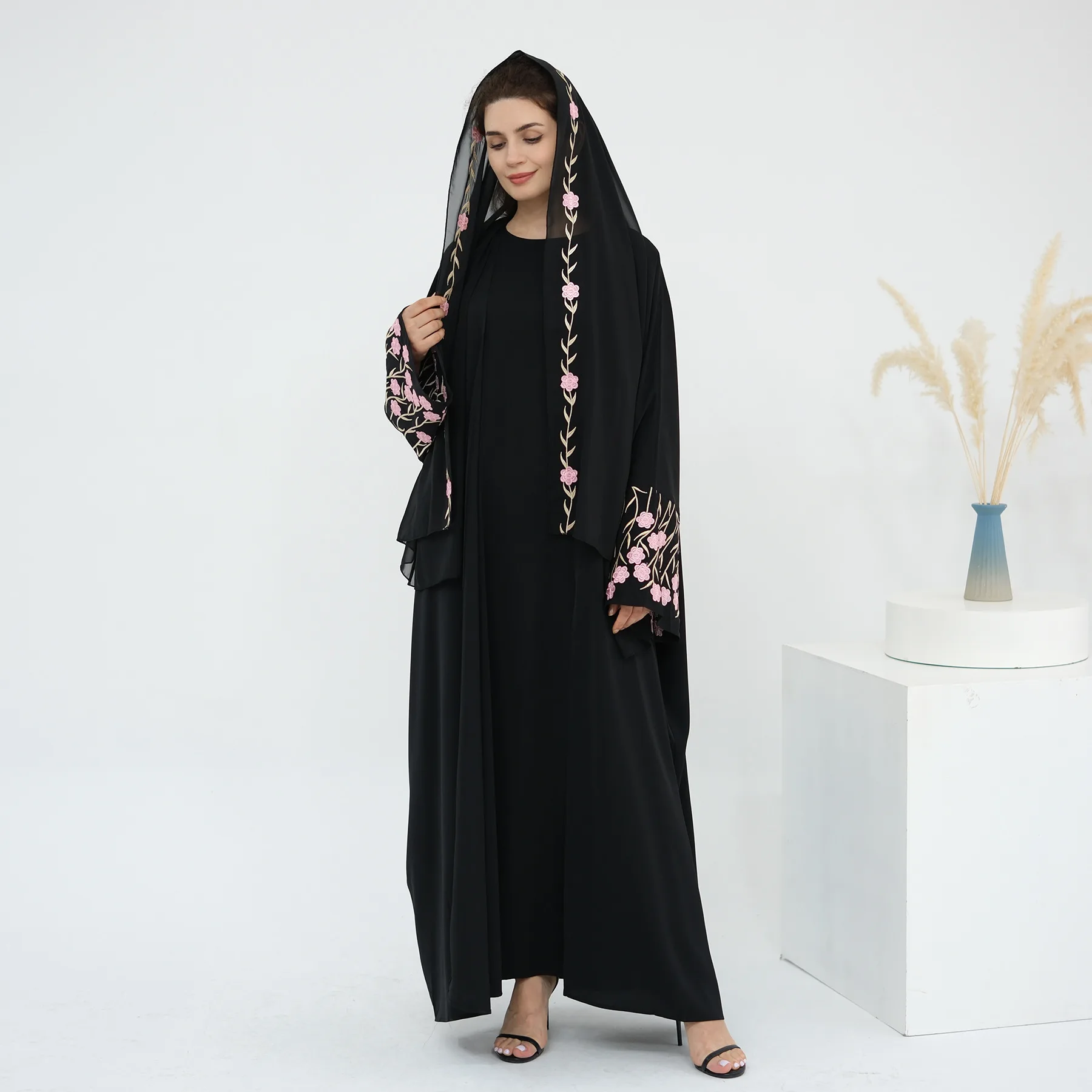 

Eid Women Abaya Muslim Flower Embroidery Cardigan Hijab Dress Party Jalabiya Ramadan Long Abayas Arab Long Robe Morocco Kaftan