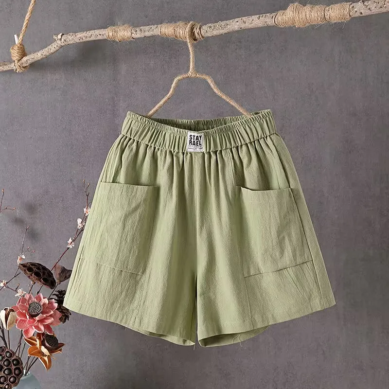 

Cotton and Linen Solid Color Elastic Waist Women Summer Pure Cotton Loose Appear Thin Wide Leg Pants Casual Large Size Shorts