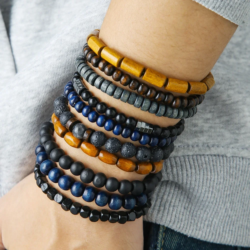 Vintage Wood Beads Coconut Shell Volcanic Stone Handmade Beaded Bracelet 10 Sets Men\\\\\'s Elastic Couple Brazalete Bracelet