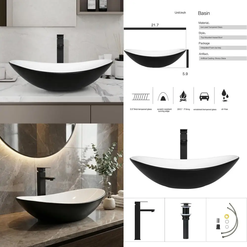 

Black and White Boat-Shaped Porcelain Countertop Sink with Black Faucet and Up-Drain Set