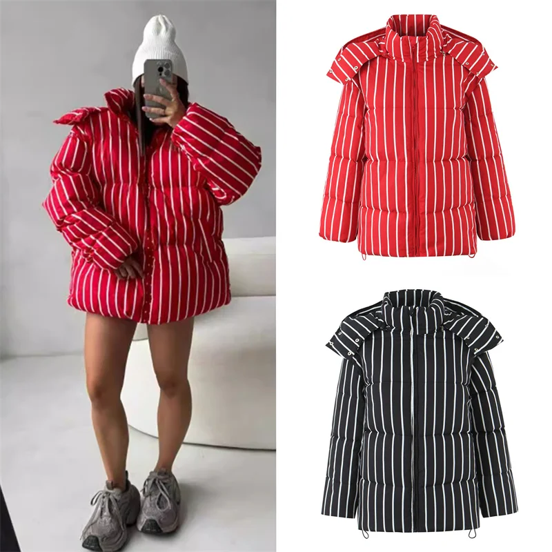 

Women's Jacket 2025 Autumn New Style Solid Color Striped Long-Sleeve Hooded Puff Coat Dress Outerwear Casual Fashion Personalize