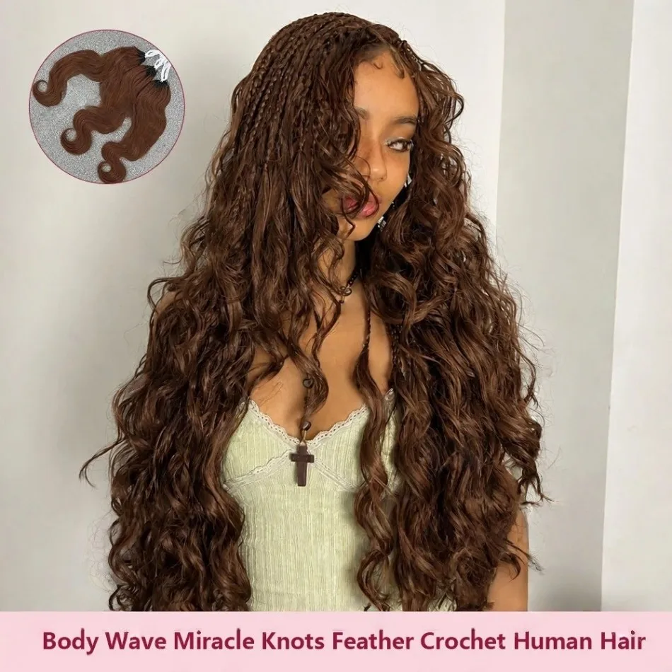 Chocolate Brown Boby Wave Crochet Hair Extensions Invisible Knots Feather Crochet Hair Brazilian Boby Wave Human Hair Bundles For Braids 30 Inch