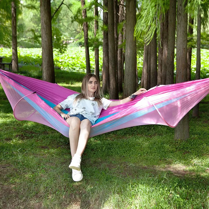 Outdoor Super Light Camping Hammock 260x140cm Parachute Cloth Pole Mosquito Net Hammock Travel Leisure Portable Hammock Swing