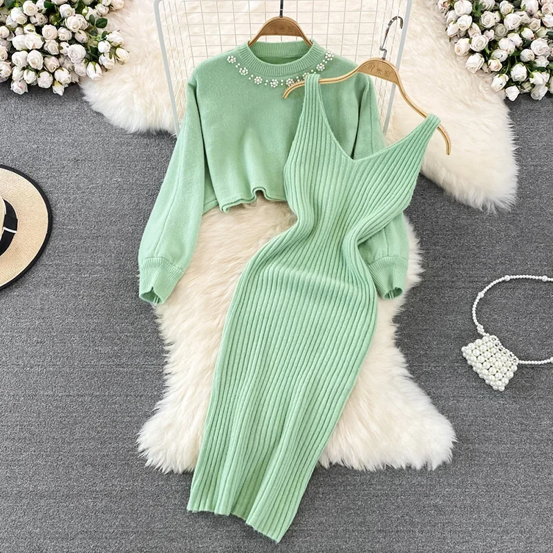 Autumn Winter O-collar Beading Cropped v-neck Sleeveless Dresses Knitted Womens 2Peice Sets Elegant Pullover Sweater LU139