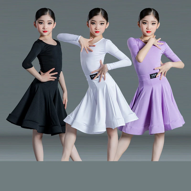 Neue Kinder Latin Dance Kleid Mädchen Tanz Übungs kleid Latin Dance Kleid Langarm Wettbewerb Split Kleid Frauen Perfo