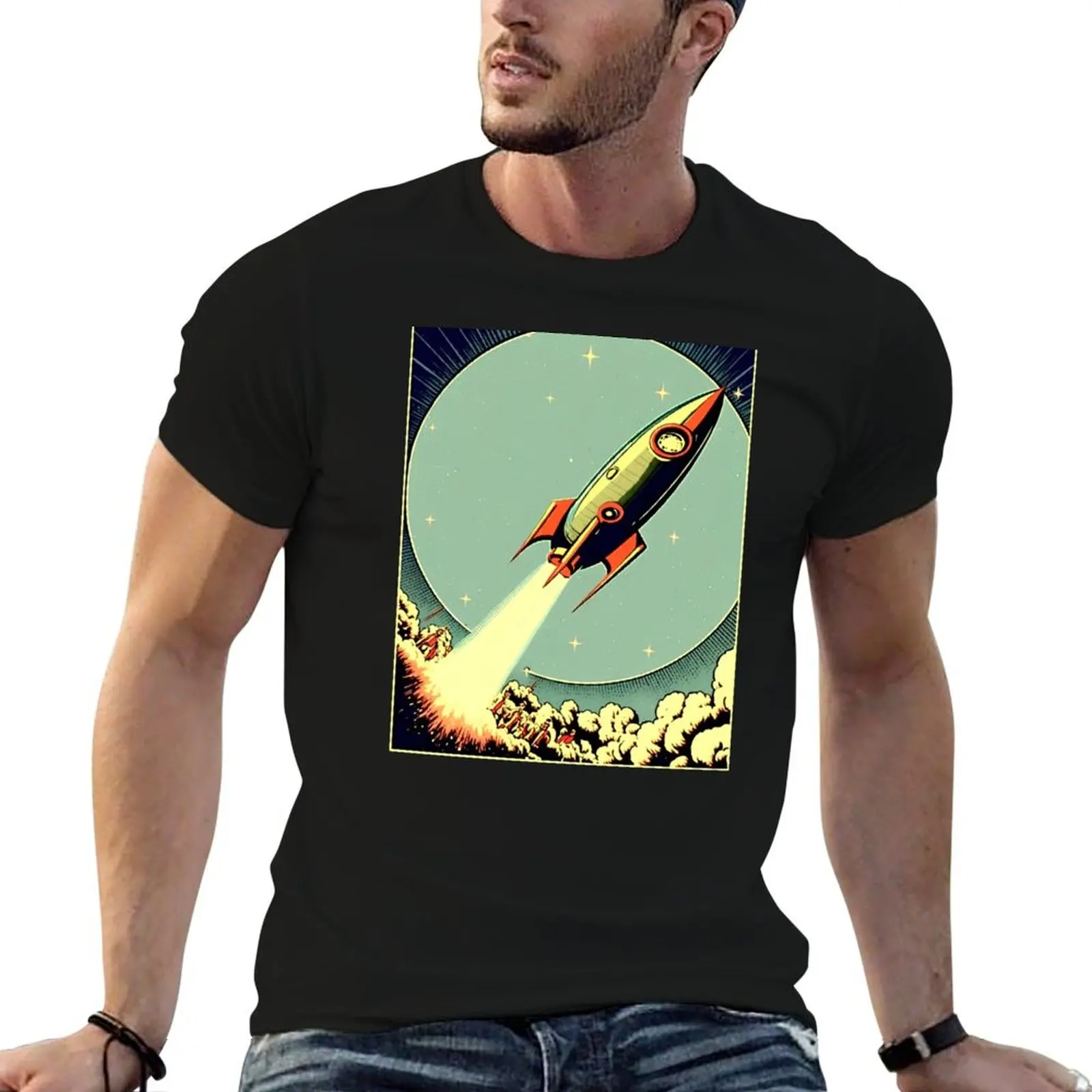 

Vintage Style Rocket Ship Blasting Off Space Design T-Shirt man t shirts for men man t shirt designer T-Shirt