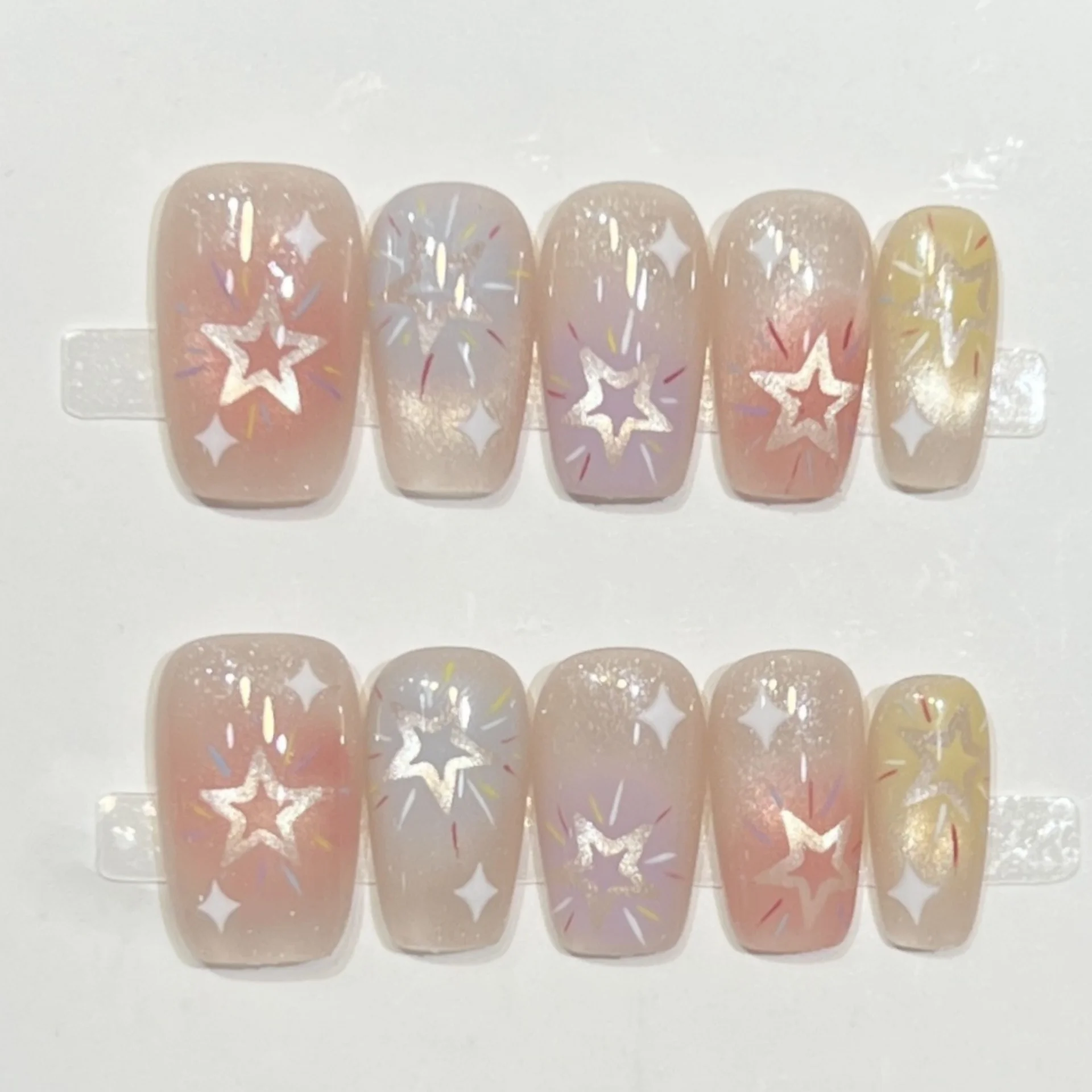 10pcs Butterfly Pattern Handmade Fake Nails Cat's Eye Mid-length Square Press on Nails Tips for Women＆girl Blue Gyaru False Nai