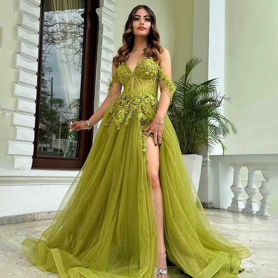 

OEING Green Vestido De Novia Shiny 3D Flower Lace Prom Dress 2025 Tulle Side Split Princess Off Shoulder A-line Evening Dress