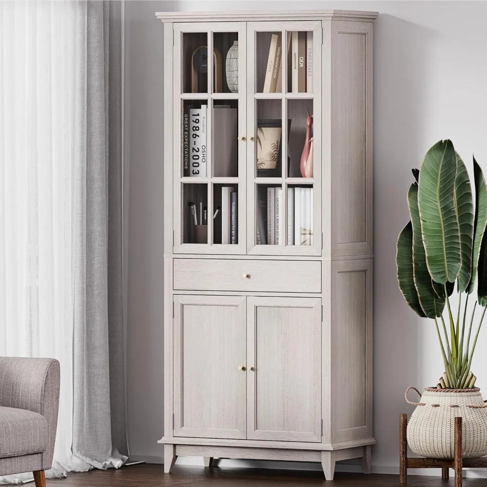

72.8" White Oak Bookcase with Glass Doors & Drawer - Adjustable Shelf, Modern Classic Storage for Living Room