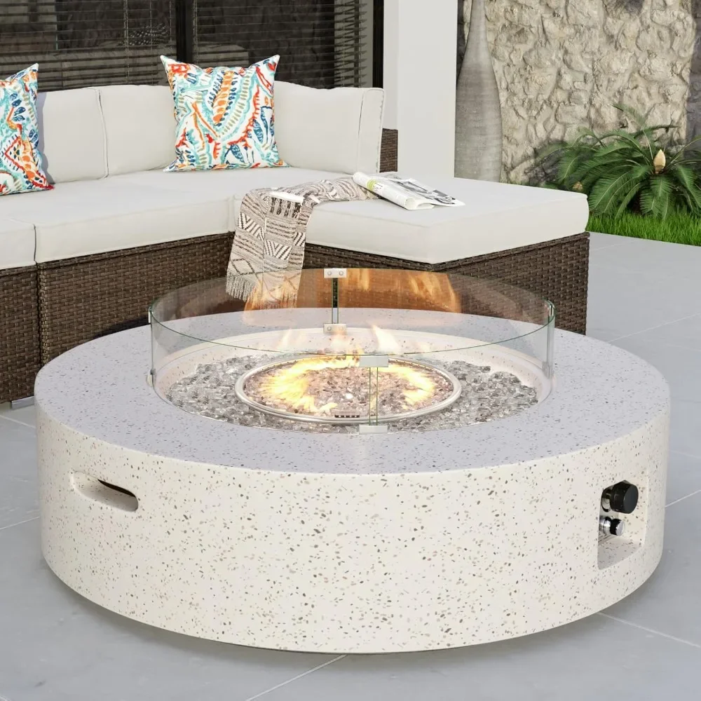 

Outdoor Propane Fire Pit Coffee Table w Terrazzo White 40.5-inch Round Base Patio Heater, 50,000 BTU Stainless Steel Burner