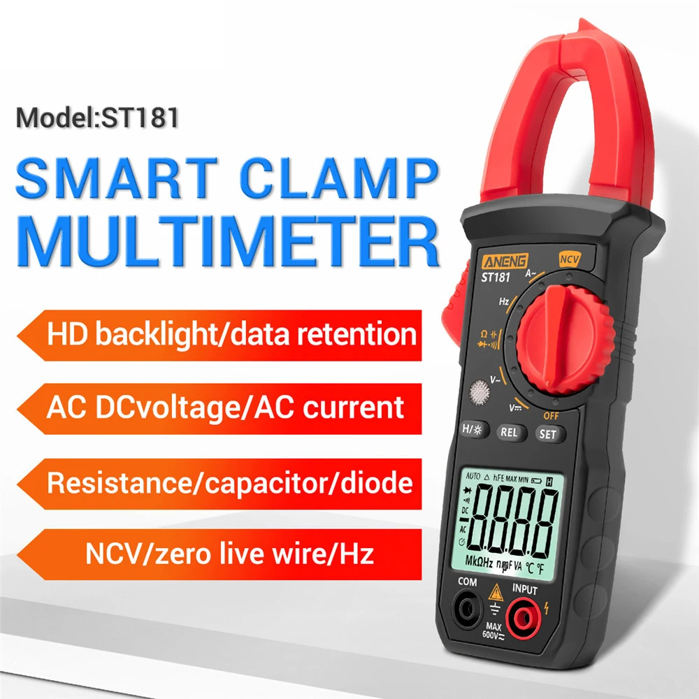 ST181 Ammeter Voltage Tester 4000 Counts Digital Clamp Meter Multimeter Car Amp Hz Capacitance NCV Ohm Test DC/AC Current