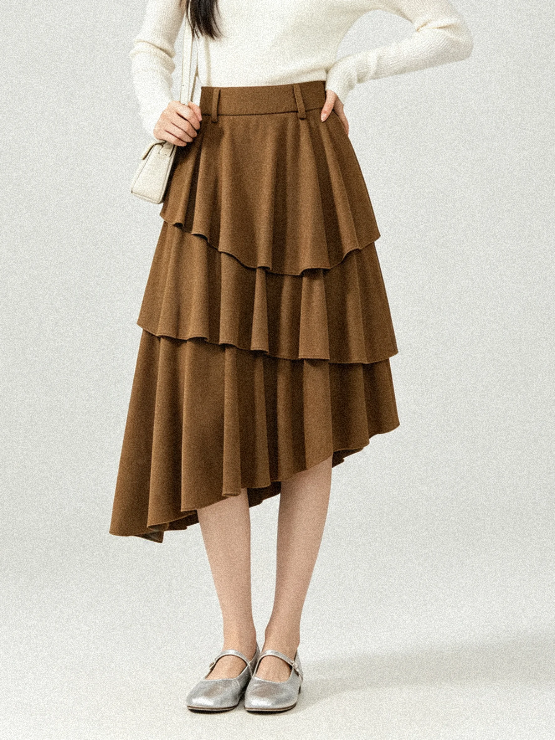 Elegant Asymmetrical Lace Hem Cake Skirt Women's A-Line Slimming Midi Half Skirt Early Autumn Casual High Waist Zipper Style