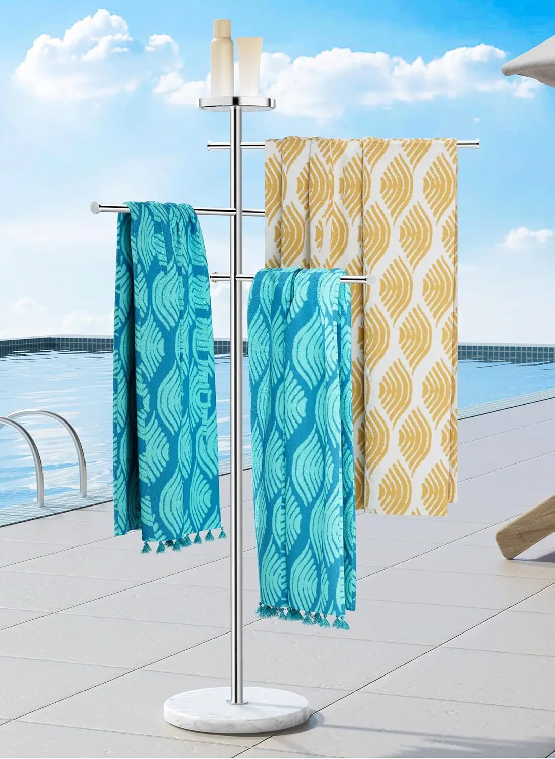 

Outdoor Towel Tack for Hot Tub Pool Towel Rack Outdoor with Natural Marble Base 59" H 18 8 Stainless Steel Adjustable 3 Arms wit