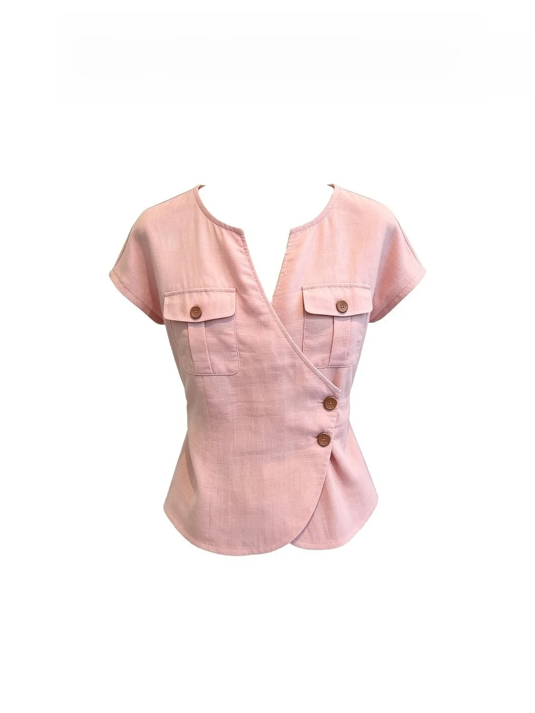 

Unique Pink Top Women's Youthful Design Asymmetric Hem Short Sleeve Korean Style Commute Fashion Waist Cinched Summer Shirt