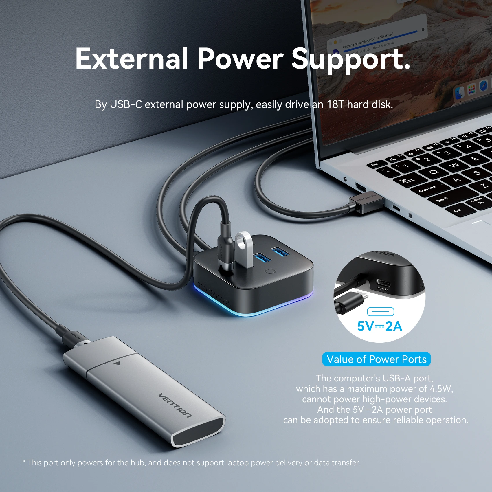 Hub USB A 3.0 Vention z podświetleniem RGB, przełącznikiem, USB C 3.2 Gen1 5Gbps, adapter hub do komputera stacjonarnego, akcesoria do laptopa, rozdzielacz USB, przedłużacz — zdjęcie produktu 6
