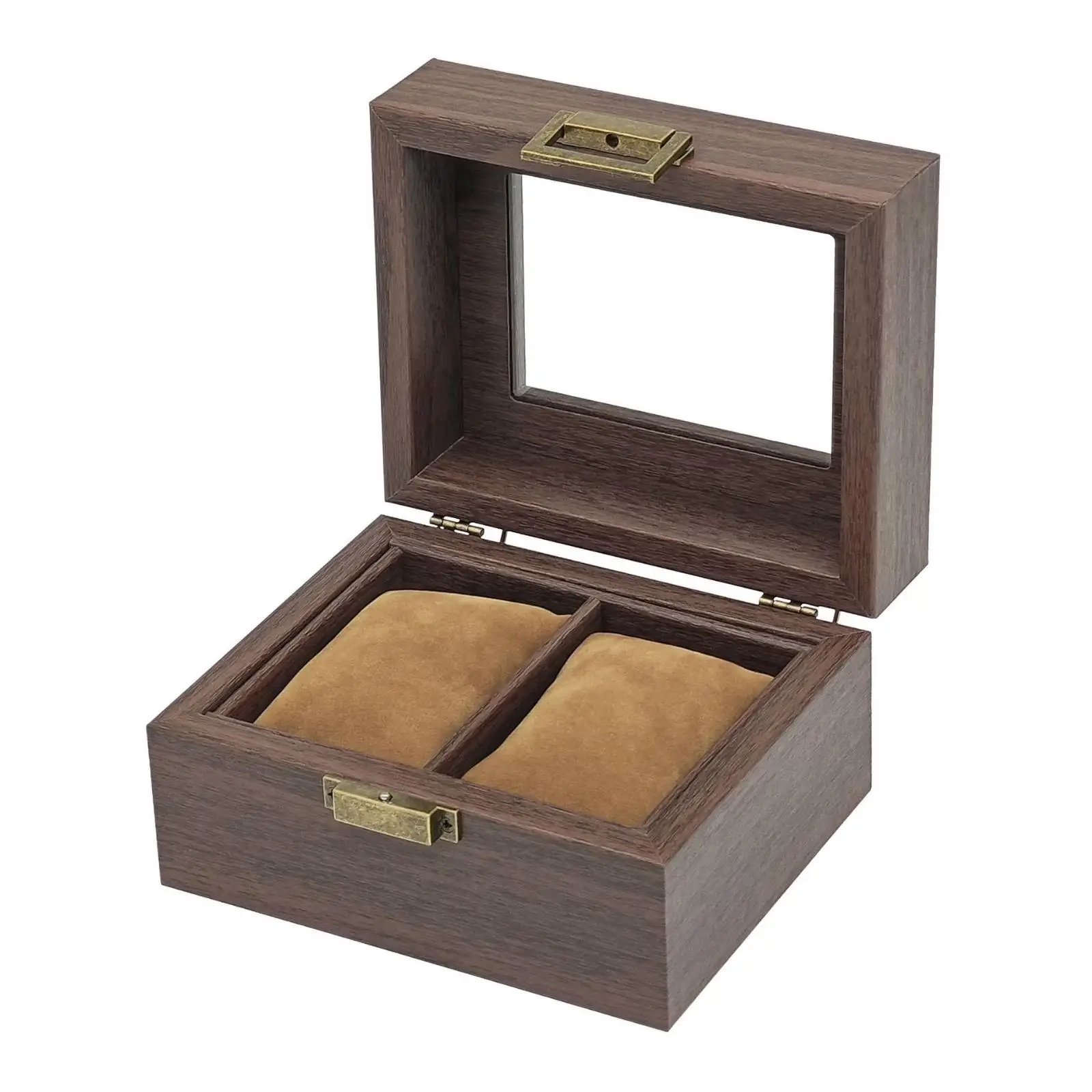 Vintage Watch Box with Glass Lid PU Leather Retro Watch Storage Case with Metal Clasp Compact for Dresser, Bedside Table, Gift