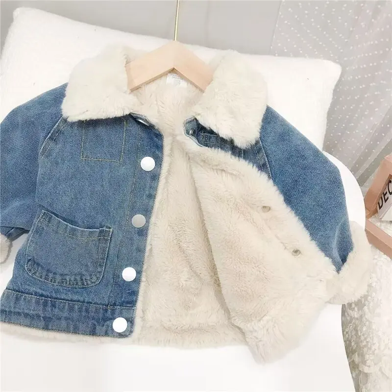 Korean Winter Fleece-lined  Denim Jacket Thickened Denim Jacket Loose Fit Top Japanese Winter Fleece-lined