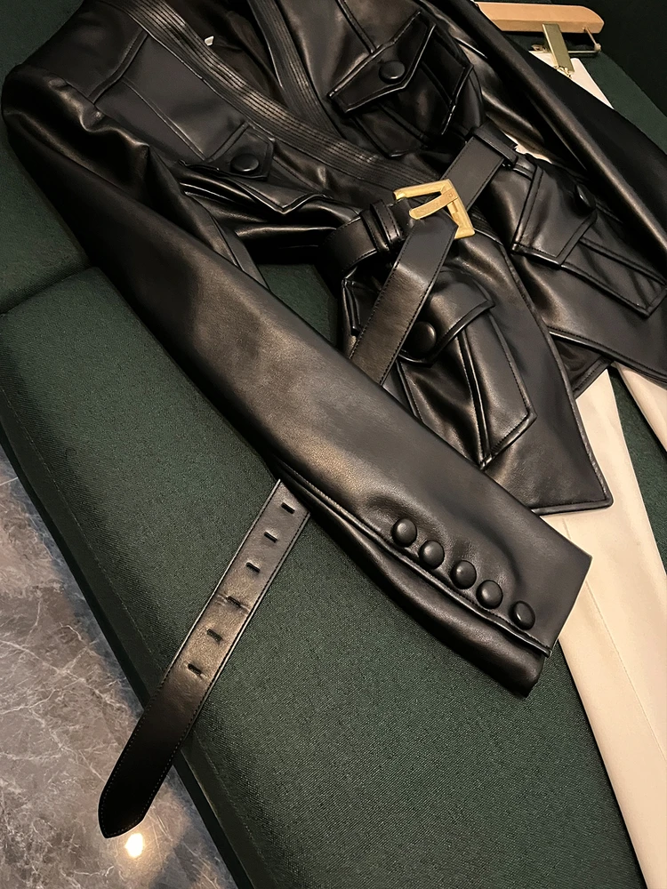 Faionable Gürtel Slim Fit Leder Jaet Mantel AK25 Frühherbst Neue Sle Long Sve Umlegekragen Anderes Material 00%