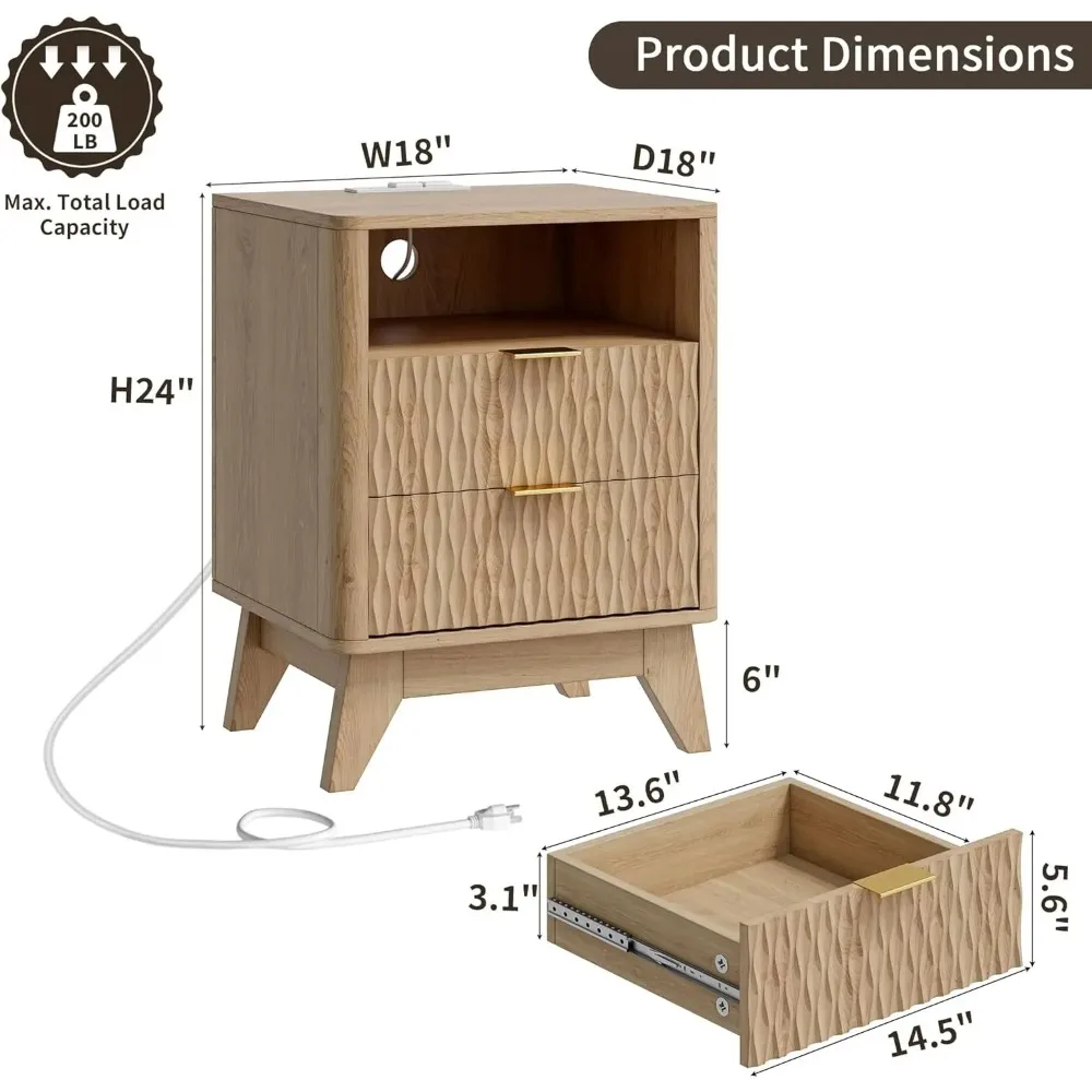 Fluted Nightstand with Charging Station, 18" Modern End Table with Storage Drawers, Bedside Table for Bedroom, Natural Oak(1 Pie