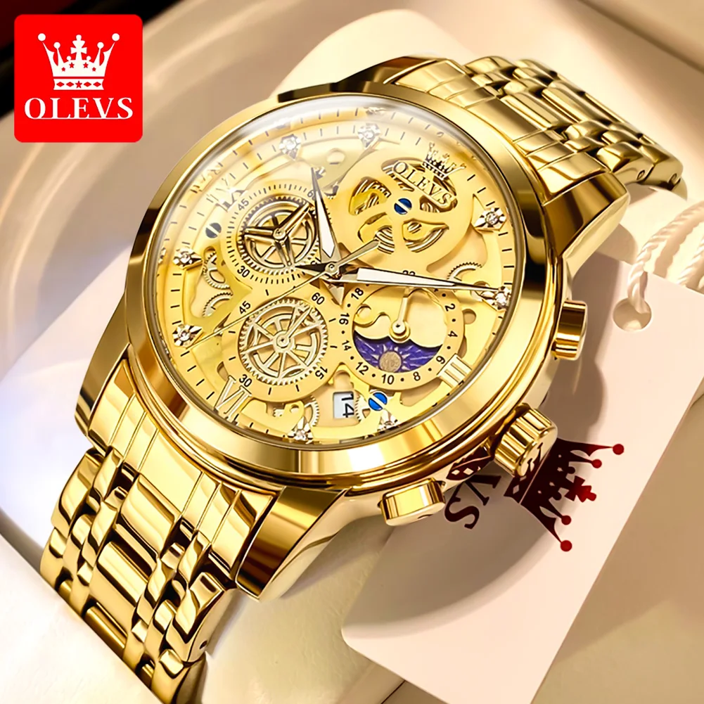 OLEVS Original Men\'s Quartz Watch Skeleton Moon Phase Waterproof Luxury Luminous Gold Watch Date Stainless Steel Watch for Men