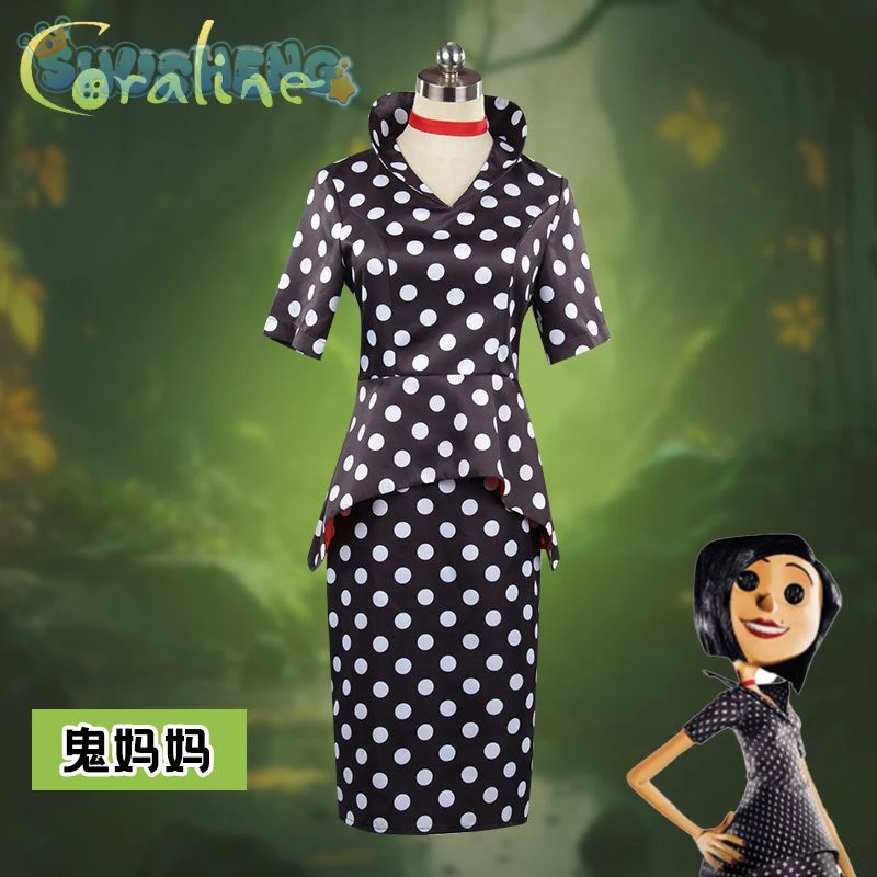 Coraline Costume Cosplay Abito sexy con gonna corta Abito Festa di Halloween Spaventoso Fantasma Mamma Caroline Taglia femminile adulta S-XXXL