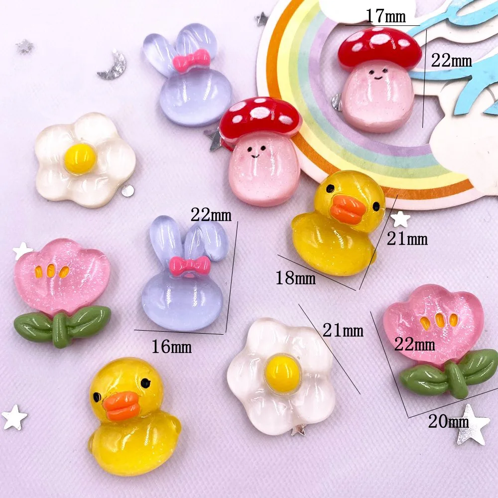 10pcs Colorful Resin Glitter Kawaii Rabbit Duck Mushrooms Flower Flatback Cartoon Animals Figurines Scrapbook DIY Embellishments