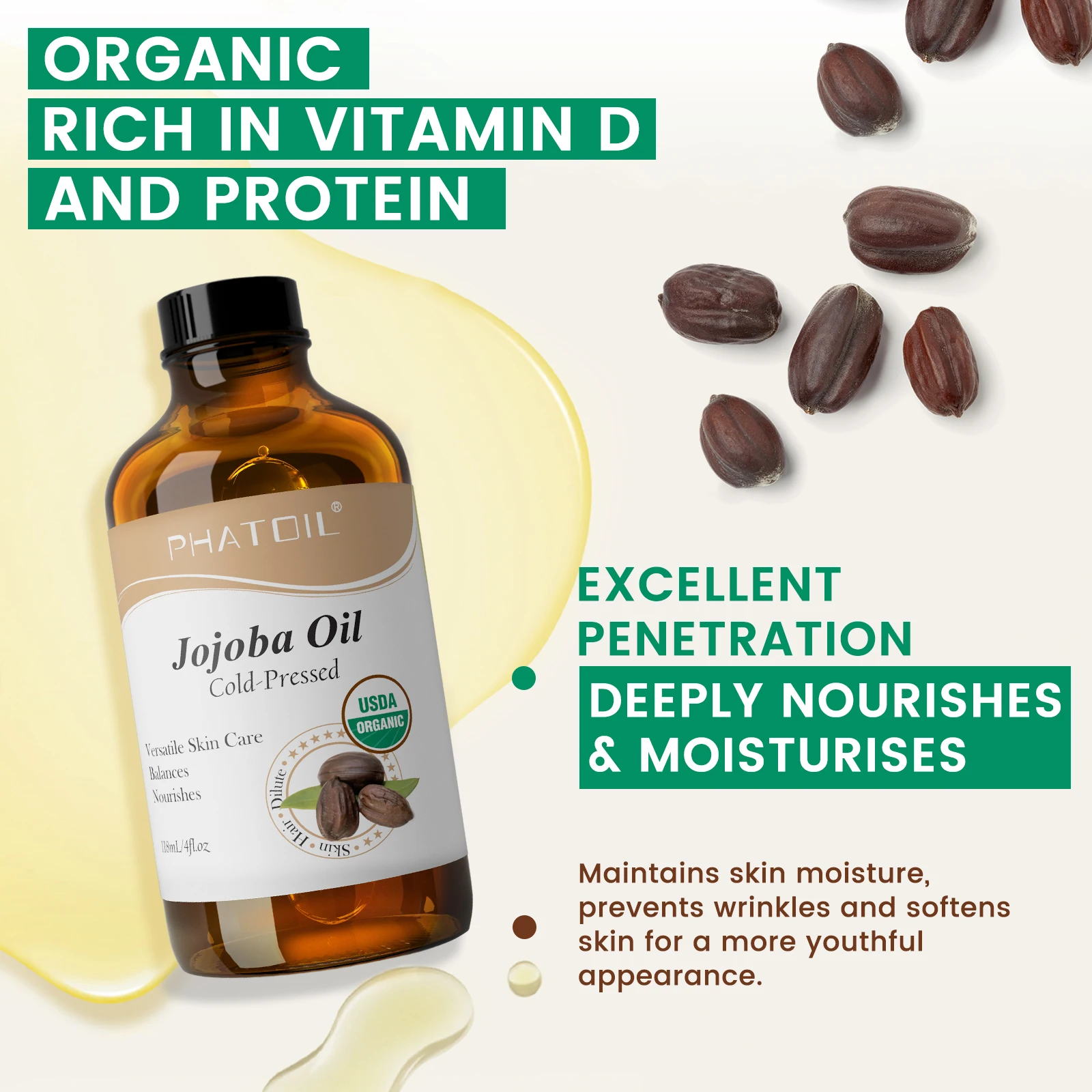 PHATOIL 118ml Organic Jojoba Oil Cold Pressed Pure Natural Rosehip Seed Carrier Oil Moisturizing for Face, Hair, Skin & Nails
