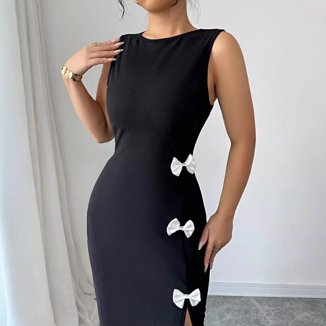2025, Frühling und Sommer im europäischen und amerikanischen Stil, schmal geschnittenes Kleid, Schleifenweste-Kleid