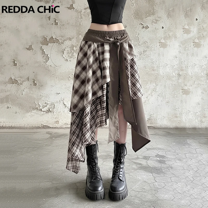 

REDDACHiC винтажная асимметричная многоярусная юбка в клетку контрастная лоскутная струящаяся длинная юбка с рюшами и эластичной резинкой на талии Y2k женская одежда