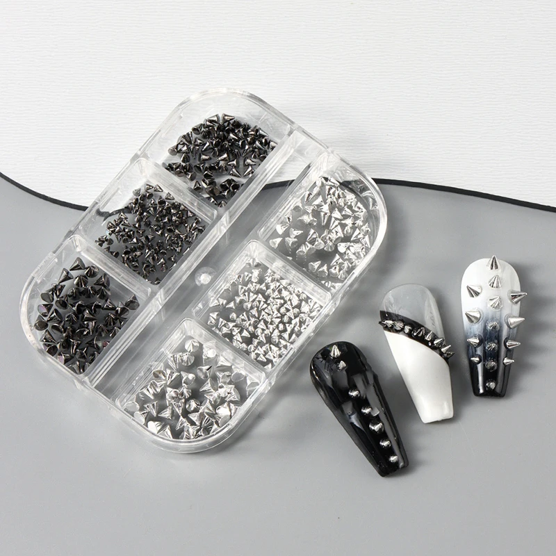 【F】6 Gitter Y2K Punk Metall-Nieten-Nagelcharms, konische, gemischte Größen, Schwarz-Silber Nagelkunst-Nieten, 3D-Legierungsspikes für DIY-Nageldekoration
