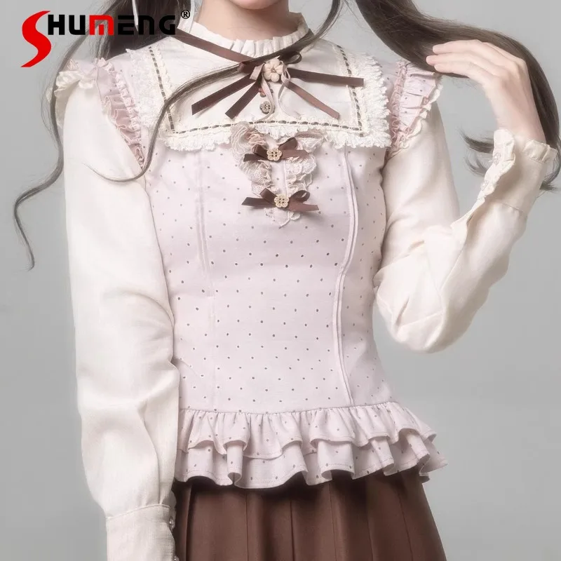 

Оригинальная японская элегантная рубашка в студенческом стиле Rojita, розовая, коричневая, милая, элегантная полуюбка, рубашка с длинными рукавами, пуловер, кавайная одежда