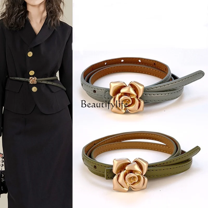 Genuine Leather Rose Women's Waist Belt Slimming Cowhide Women's Pants Dress Sweater Waist Seal