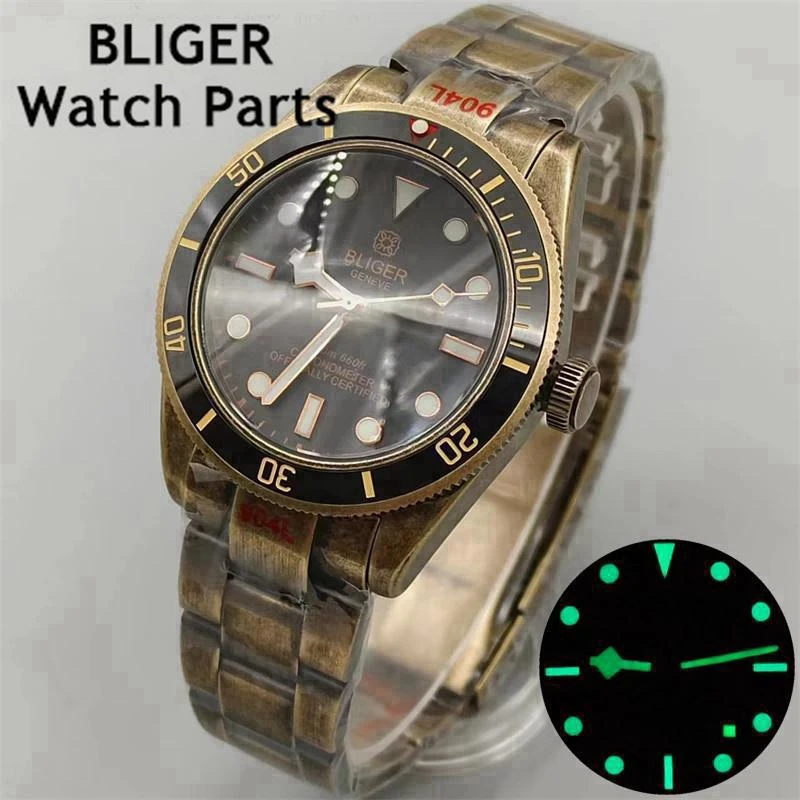 BLIGER Bronze 39mm NH35A Automatic Movement Mechanical Diving Men\'s Watch Snowflake Hand Domed Sapphire Crystal Oysters bracelet