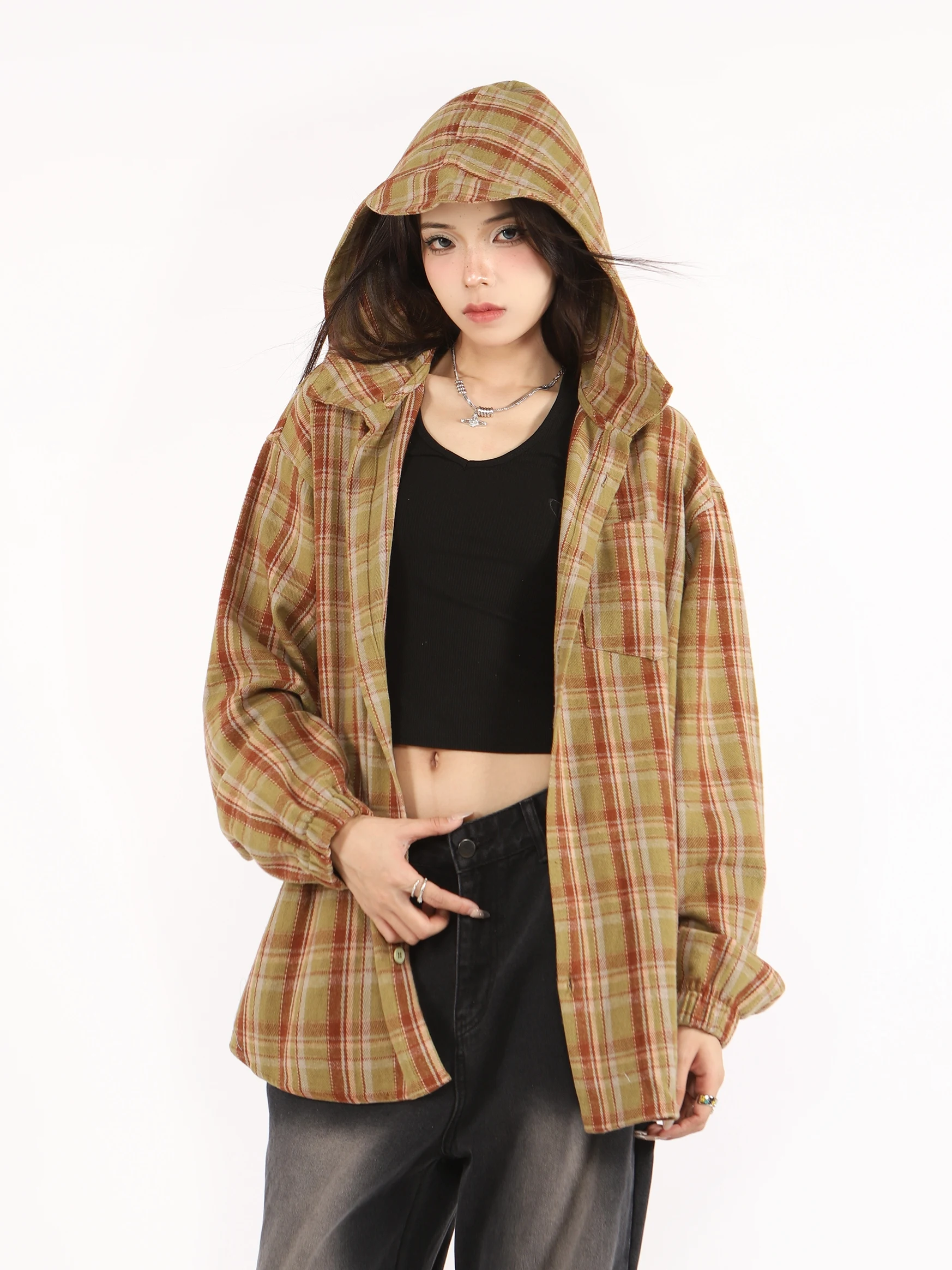 American Sle Long Sve à capuche irt femmes mince printemps automne marque à la mode haute Sensation motif à carreaux coupe ample haut