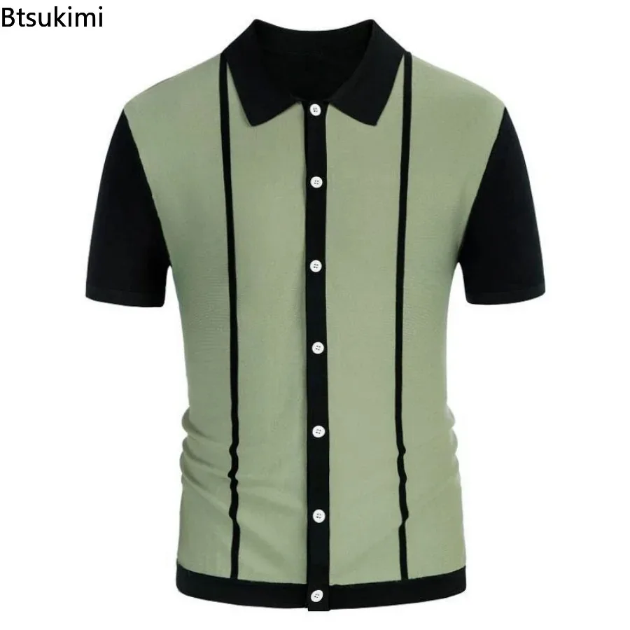 2024 Men's Summer Casual Shirts Knitted Patchwork Striped Polo Shirt Men Turn-down Collar Button Slim Fit Tops Ice Silk T-shirt