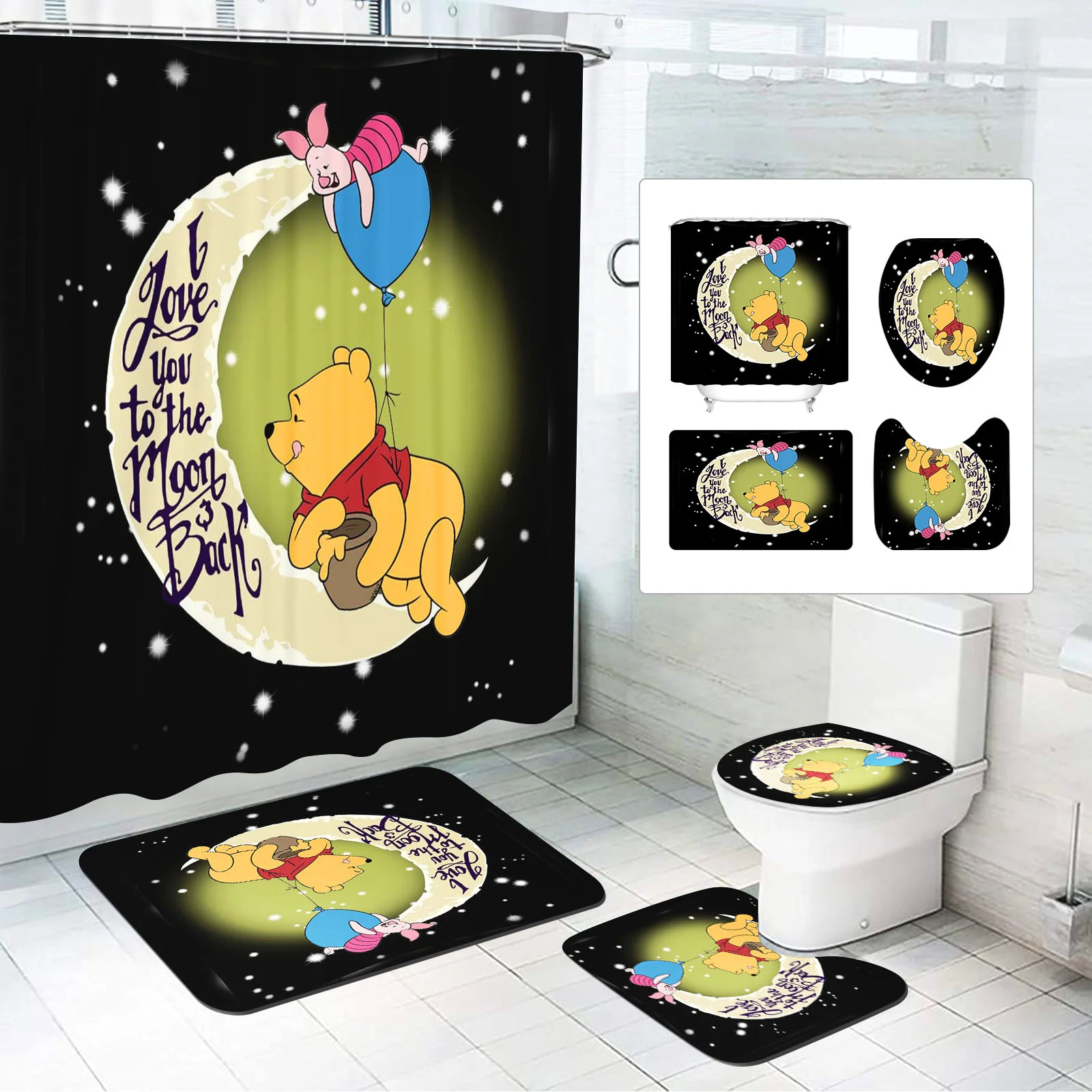 Winnie The Pooh 4 Piece Bathroom Accessories Set Mats And Shower Curtain Sets Luxury Curtains Waterproof Anime Home