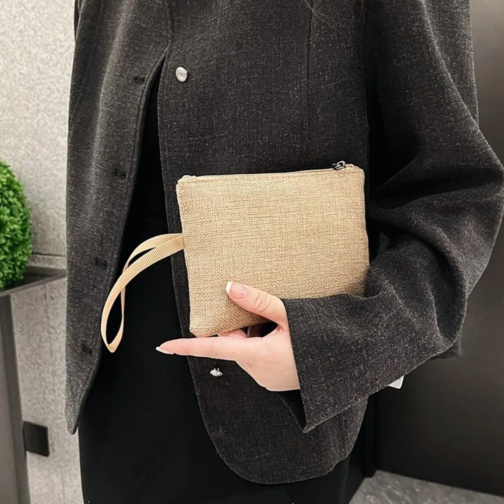 

Fashion Zipper Linen Women's Bags Solid Color Casual Ladies Wristlet Clutch Daily Large Capacity Card Bag Ladies