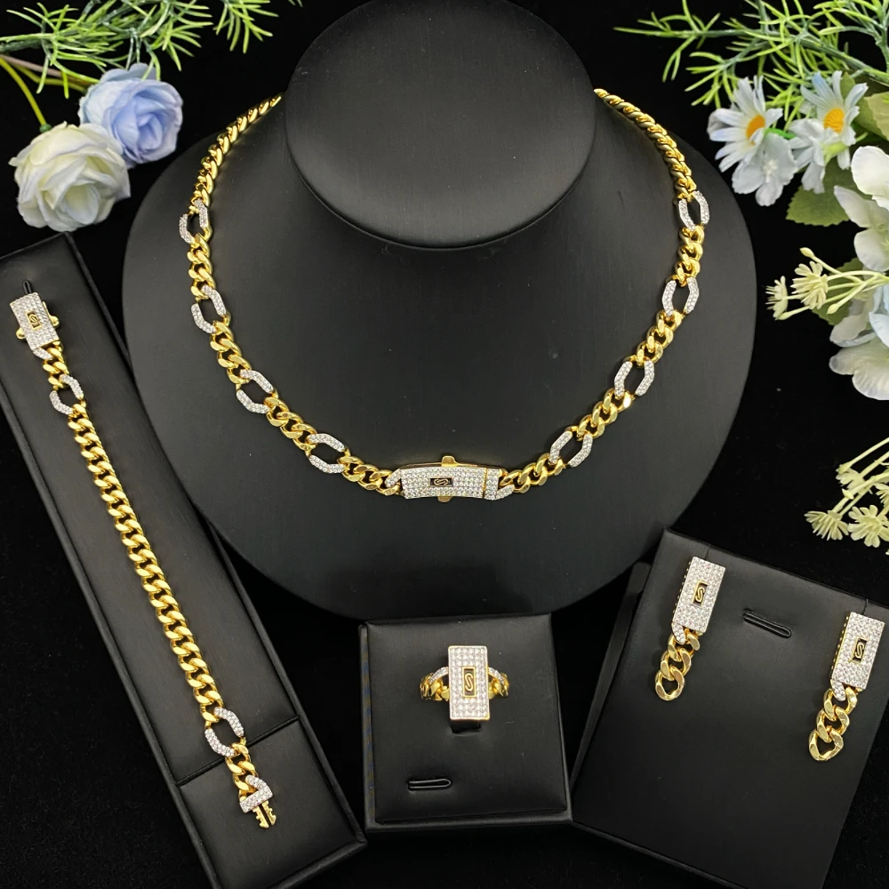 

JRH Роскошный комплект свадебных украшений с цирконием для невесты, позолоченный для женщин, арабские вечерние серьги, ожерелье, браслет, кольцо, подарок для нее