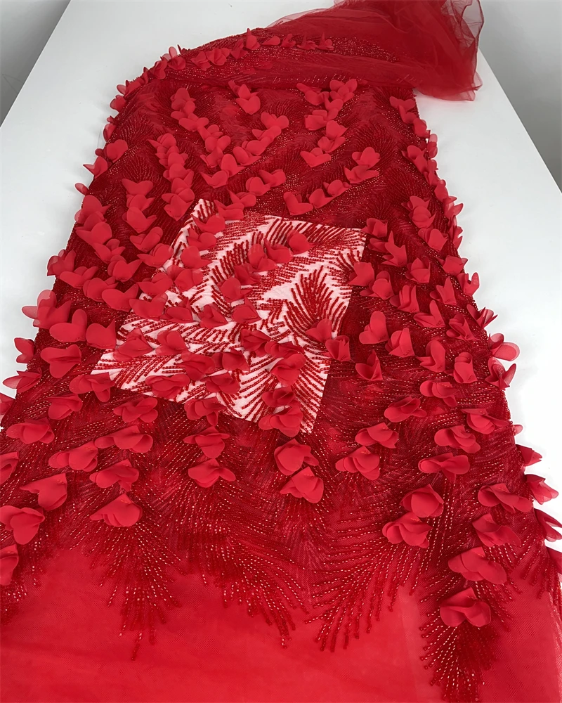 African Tissue Lace Fabric 5 Yards Nigerian French 3D Flower Design with Sequins for Wedding Party Dresses And Clothing