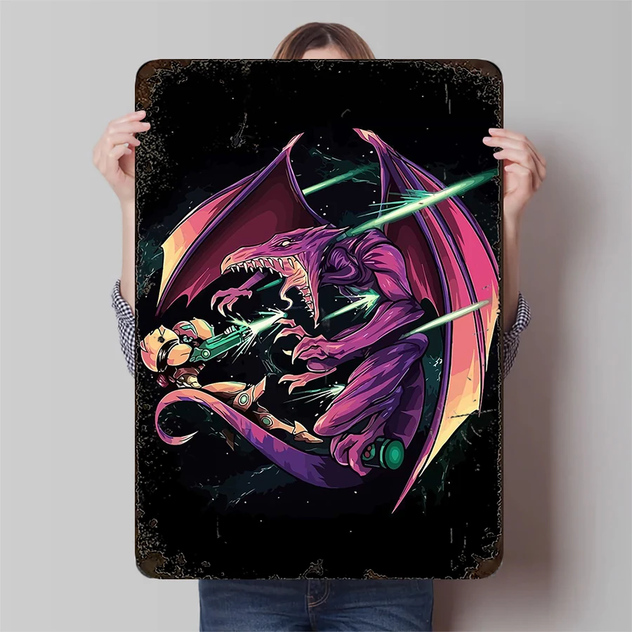Arte de pared de Metal personalizado, guerrero espacial vs dragón alienígena, batalla láser, decoración de ciencia ficción para sala de juegos, decoraciones para el hogar