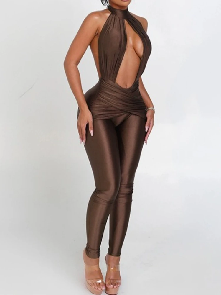 SsTss المرأة الصيف الصلبة الرسن طوق عارية الذراعين سليم بذلة قطع التفاصيل أكمام Ruched بناطيل ضيقة وزرة كلوبوير #2