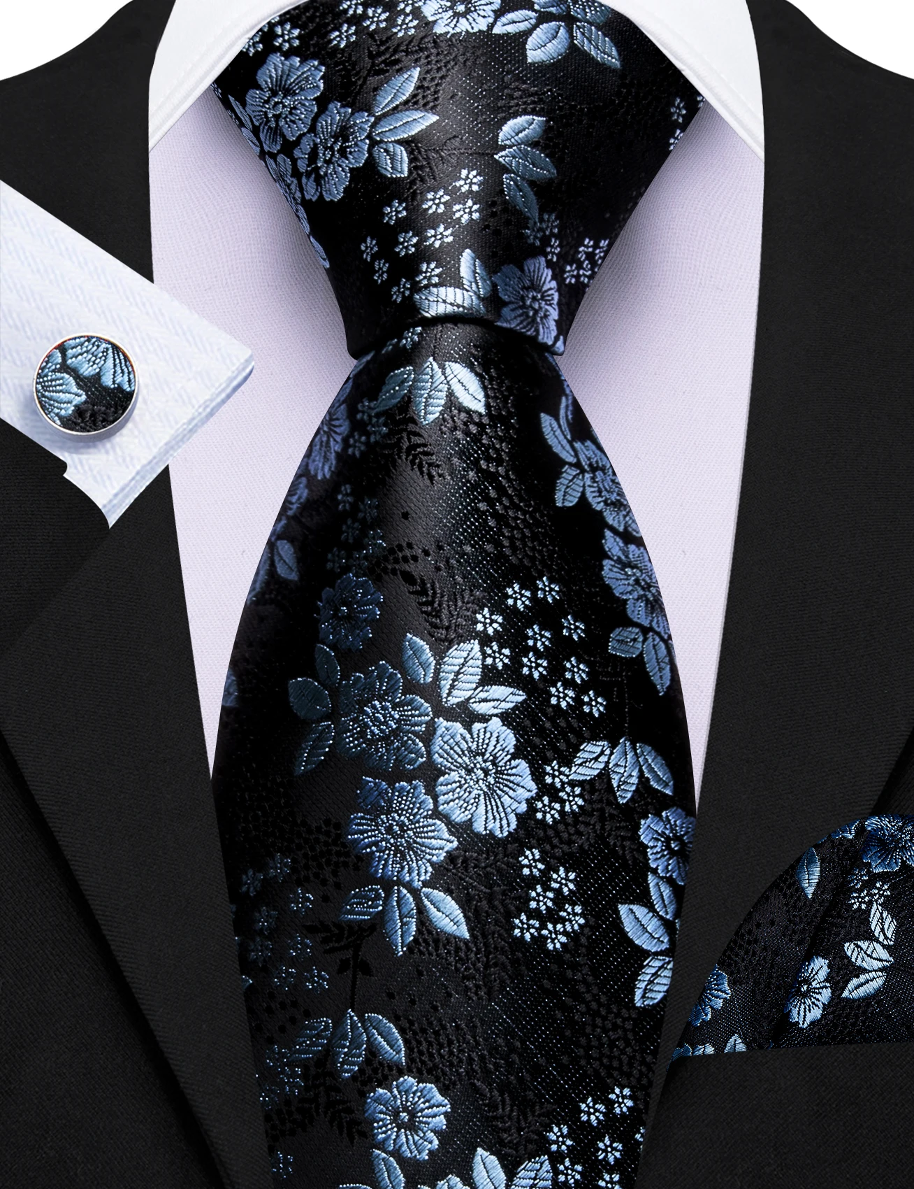 Designer Jacquard Blumen-Krawattenset für Herren Krawatte Einstecktuch Manschettenknöpfe 3-teiliges Set Formelle Hochzeit Business Party Anzug-Accessoires – Detail 7