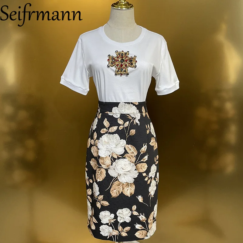 

Seifrmann Women's Elegant Commuter Floral Suit Summer Short Sleeved Bead shirt+Slim-Fit Hip Wrap Skirt Print 2-piece set